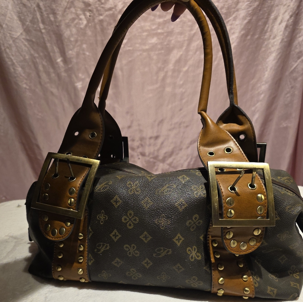 Slouch handbag dark brown not leather studded logo pattern